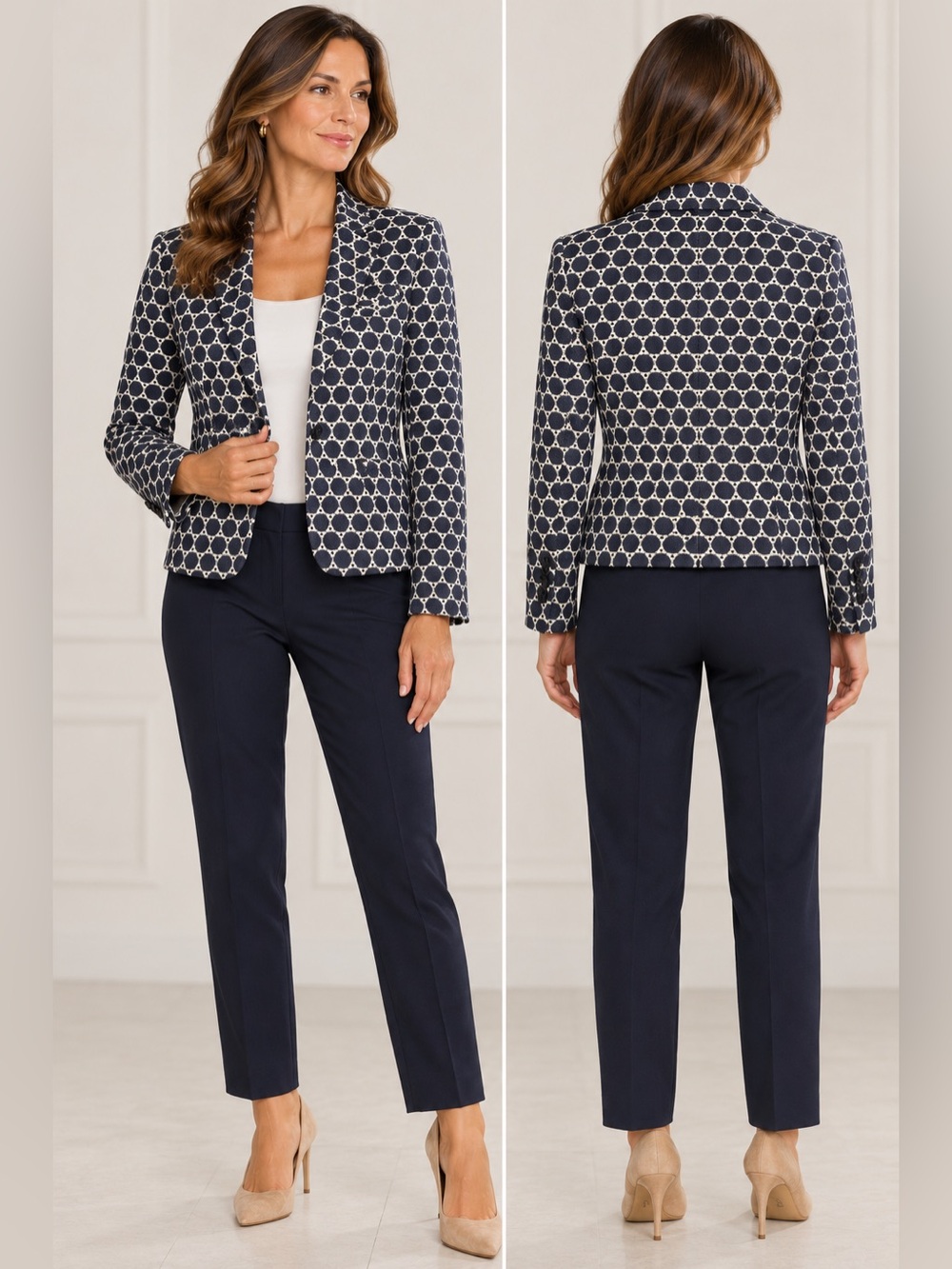 Ann Taylor Geometric Pattern Navy & White Women’s Suit Jacket Blazer